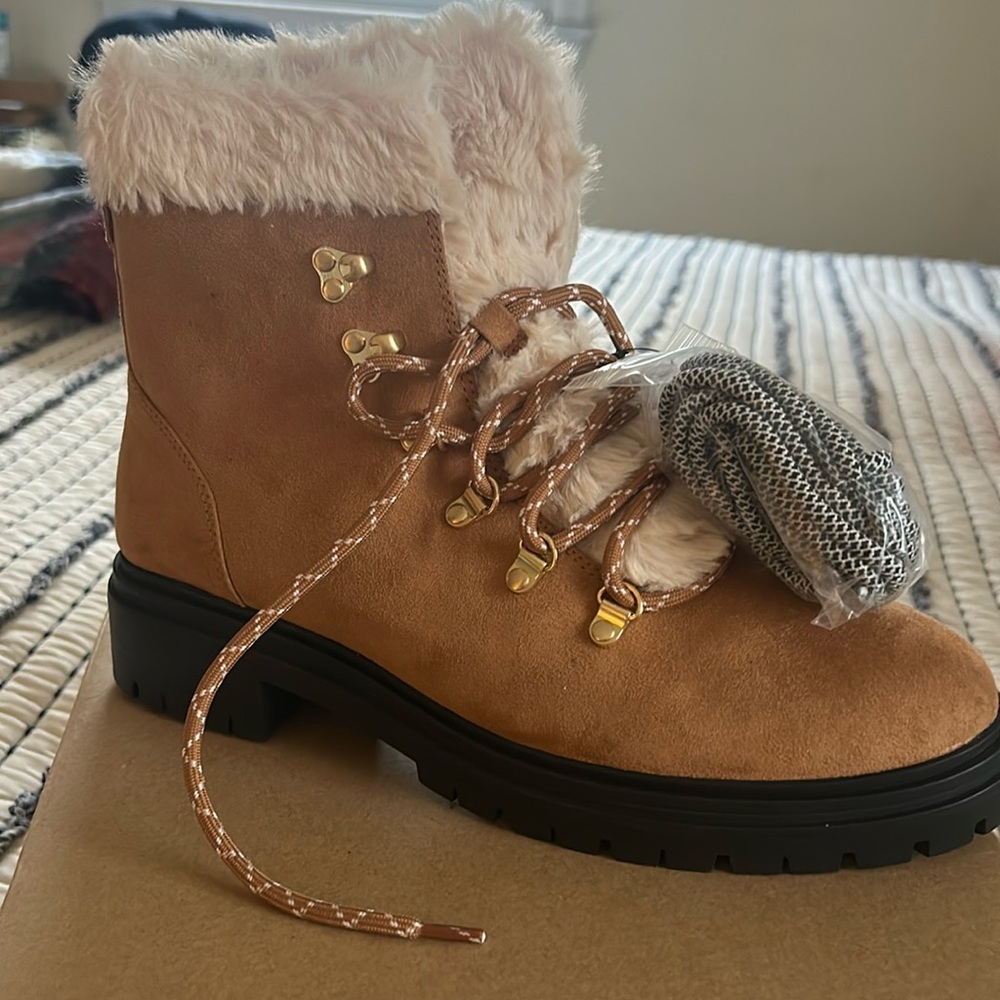 JCrew Hiking Boots with faux fir two different sets of laces